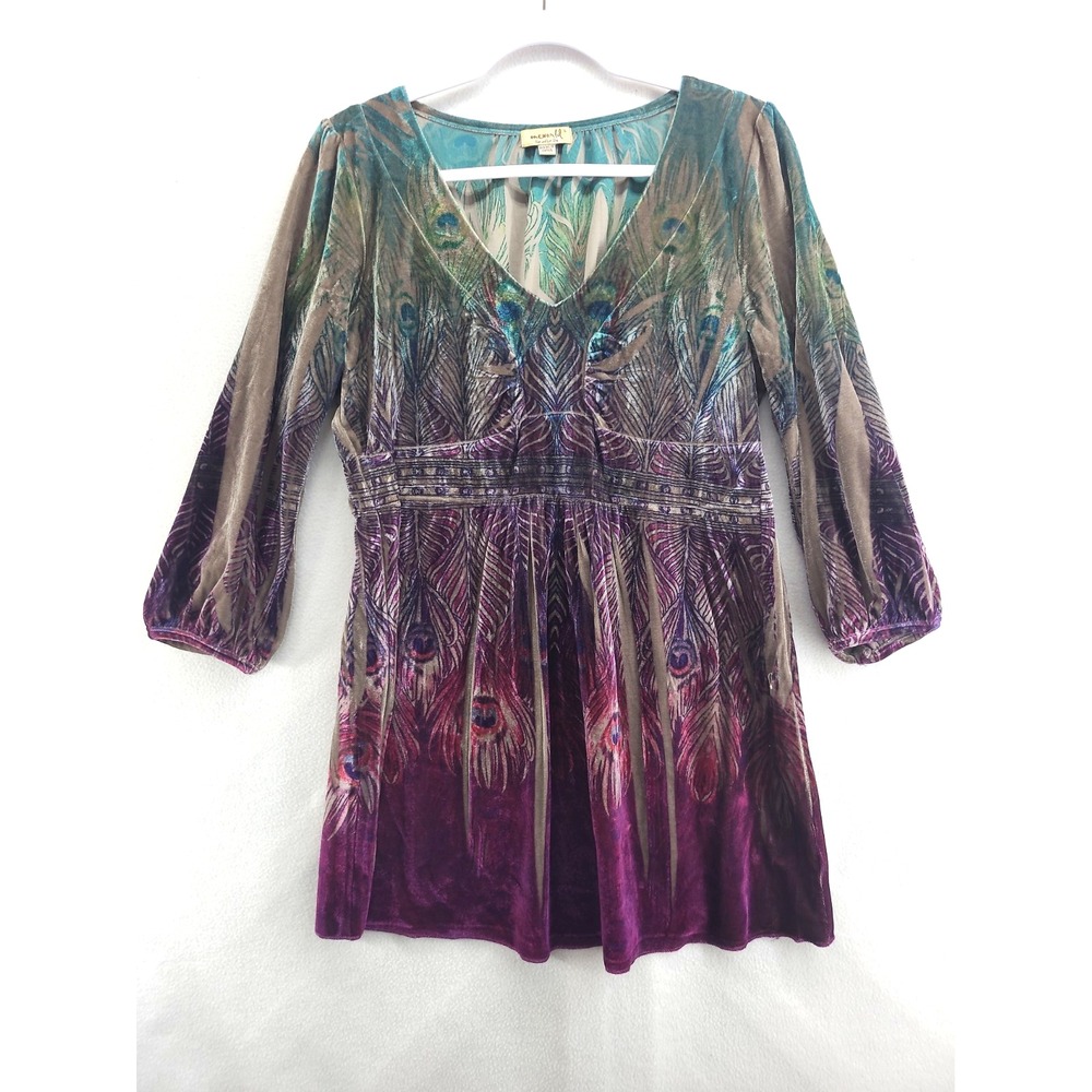 One World Teal Purple Velour Long Sleeve Top Tunic Peacock Sz L Fairy Whimsigoth